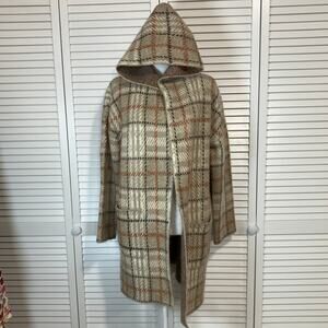 Becool Plaid Open Long Knit Sleeve Hooded Cardigan Sweater M/L